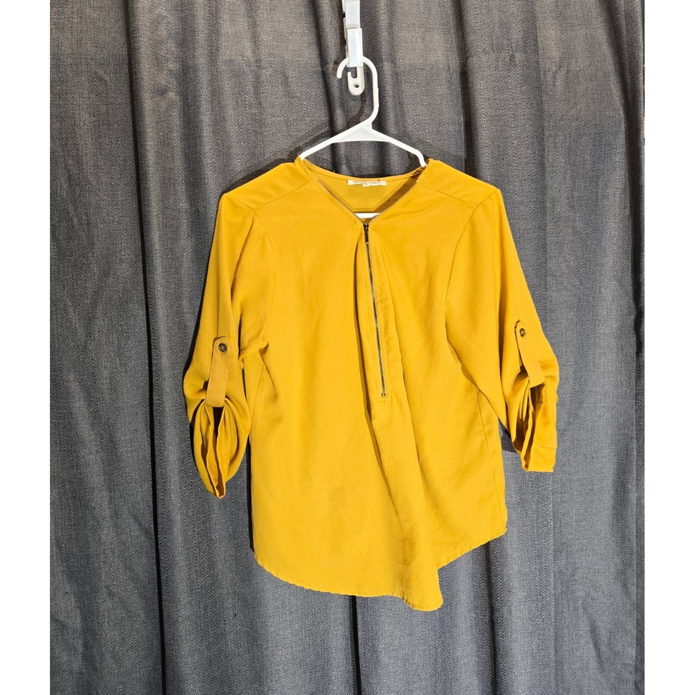 Speed Limit Zipper Blouse Roll Tab Sleeve Casual‎ Top Mustard Yellow L